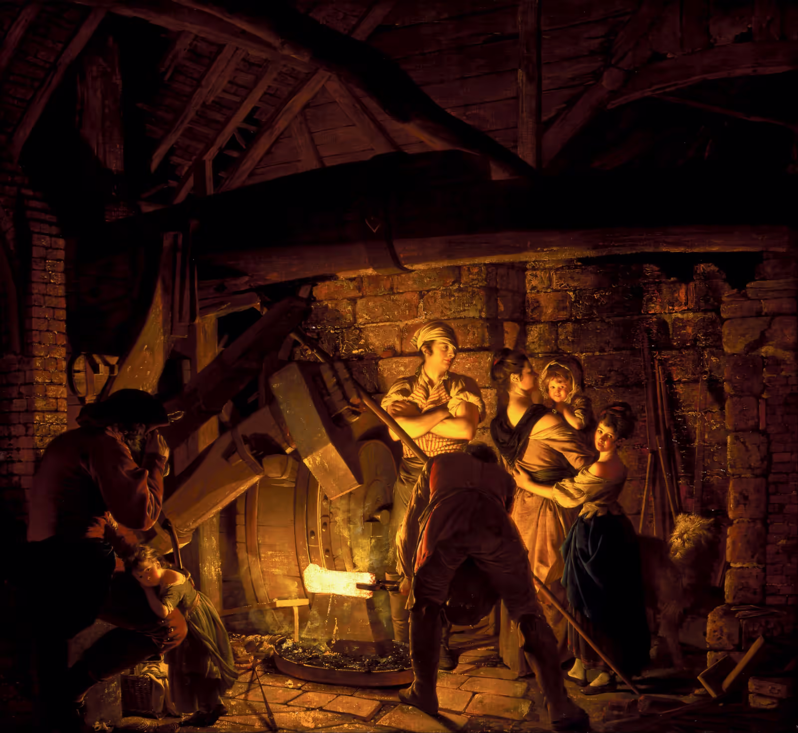 An Iron Forge by Joseph Wright of Derby — the smith's hammer raised over white-hot iron while his family watches from the dark